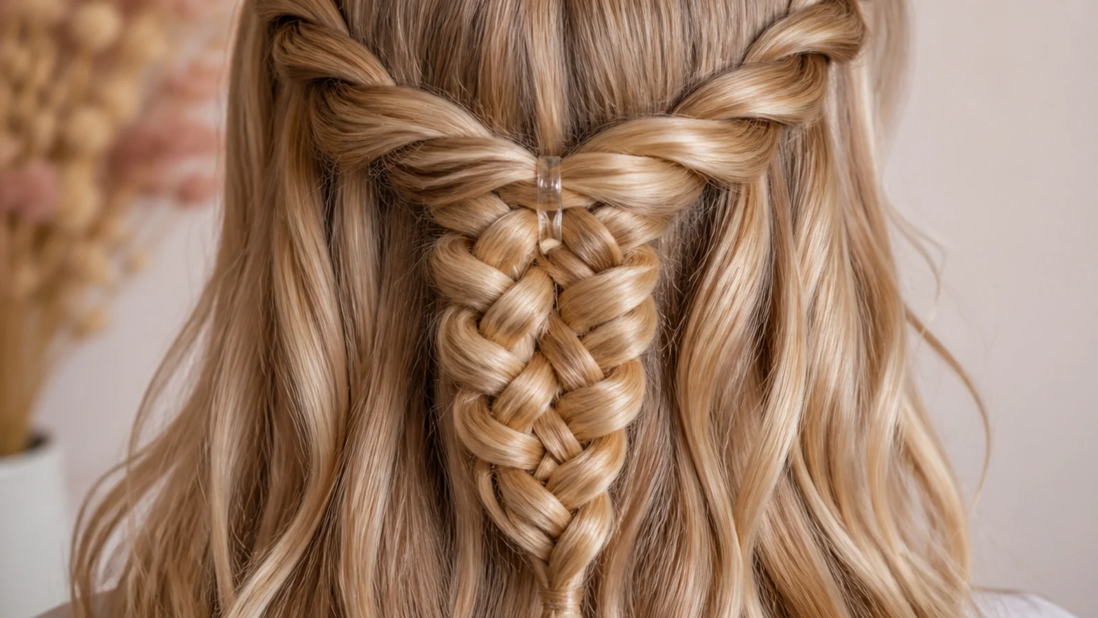 Two half up mermaid braids from each temple joined with a clear elastic at the back of the head