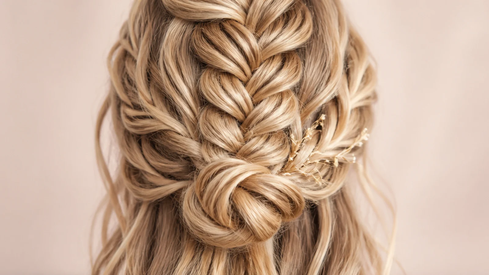 Half up mermaid braid coiled into a low bun at the nape with loose lengths hanging below