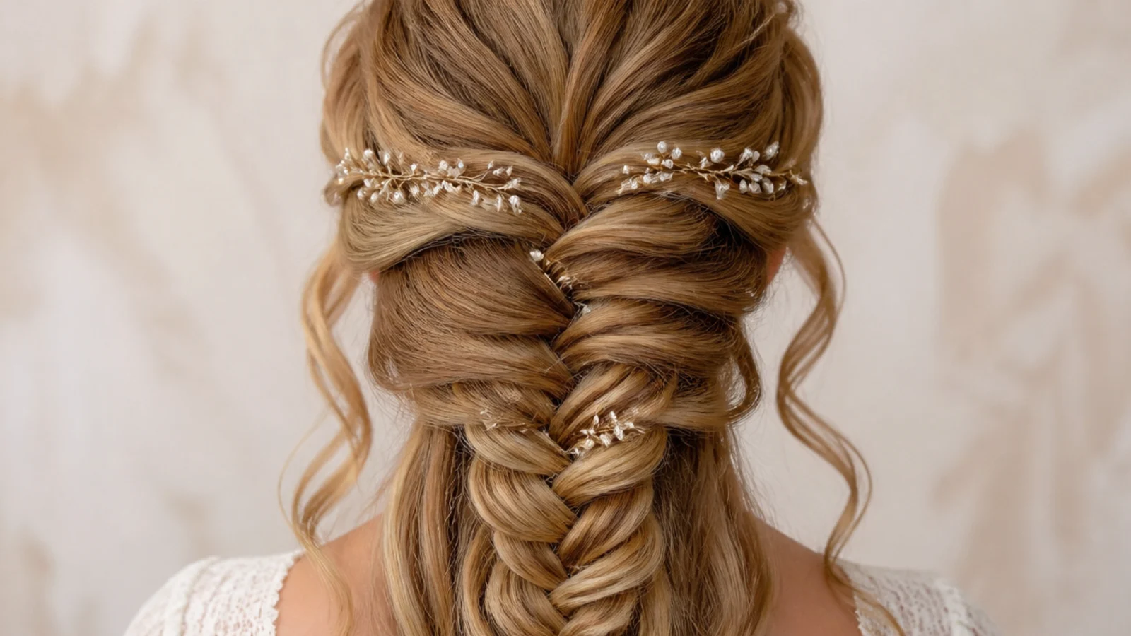 Half up mermaid braid with two curled tendrils left loose at the temples framing the face