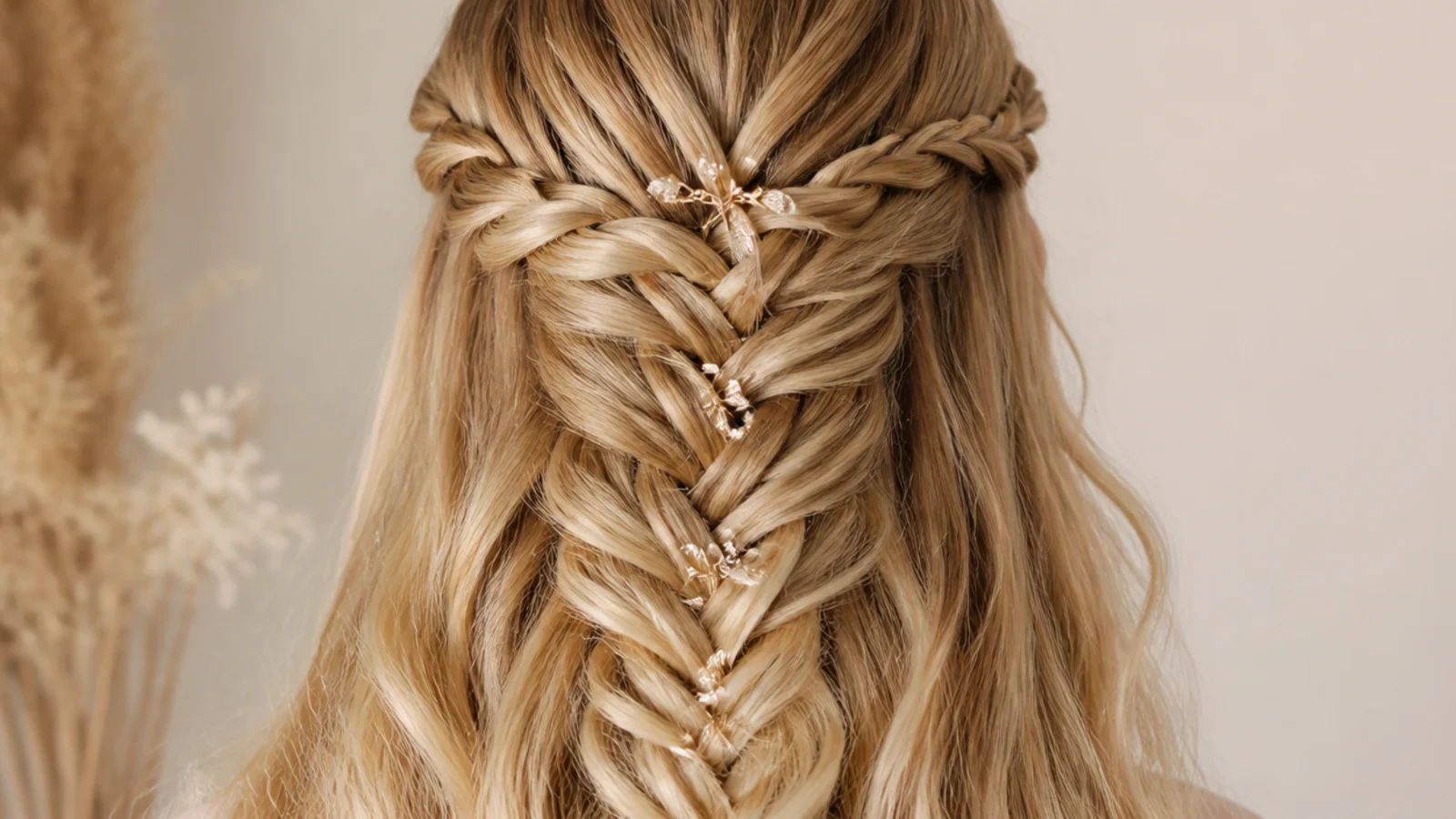 Waterfall braid across the crown feeding into a half up mermaid braid at the back