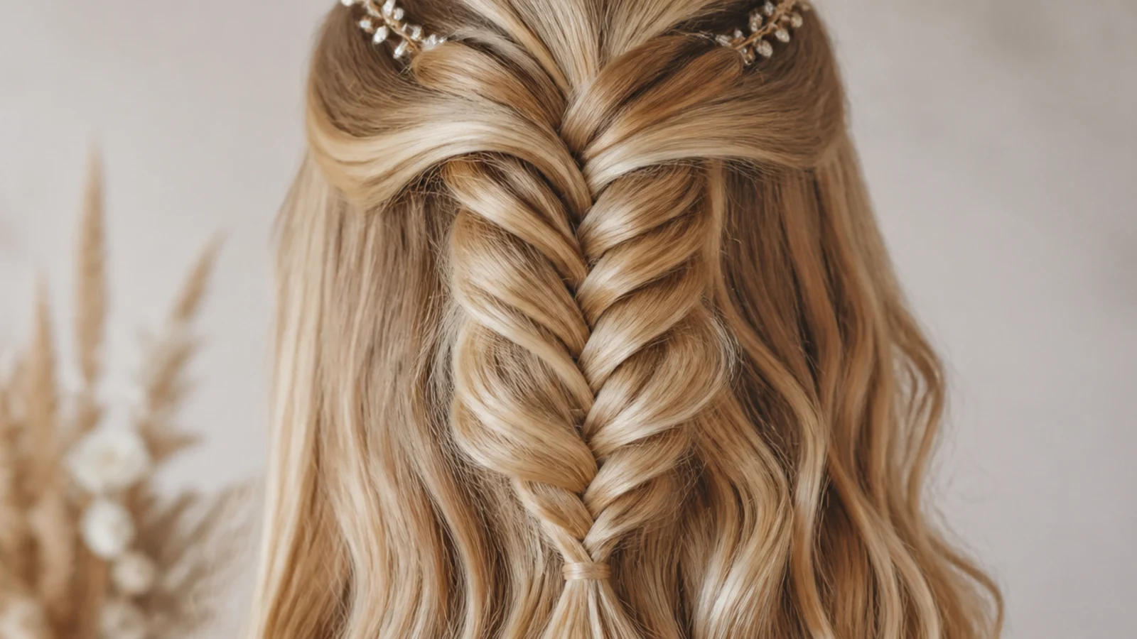 Half up mermaid braid tied with a small clear elastic that disappears into the hair