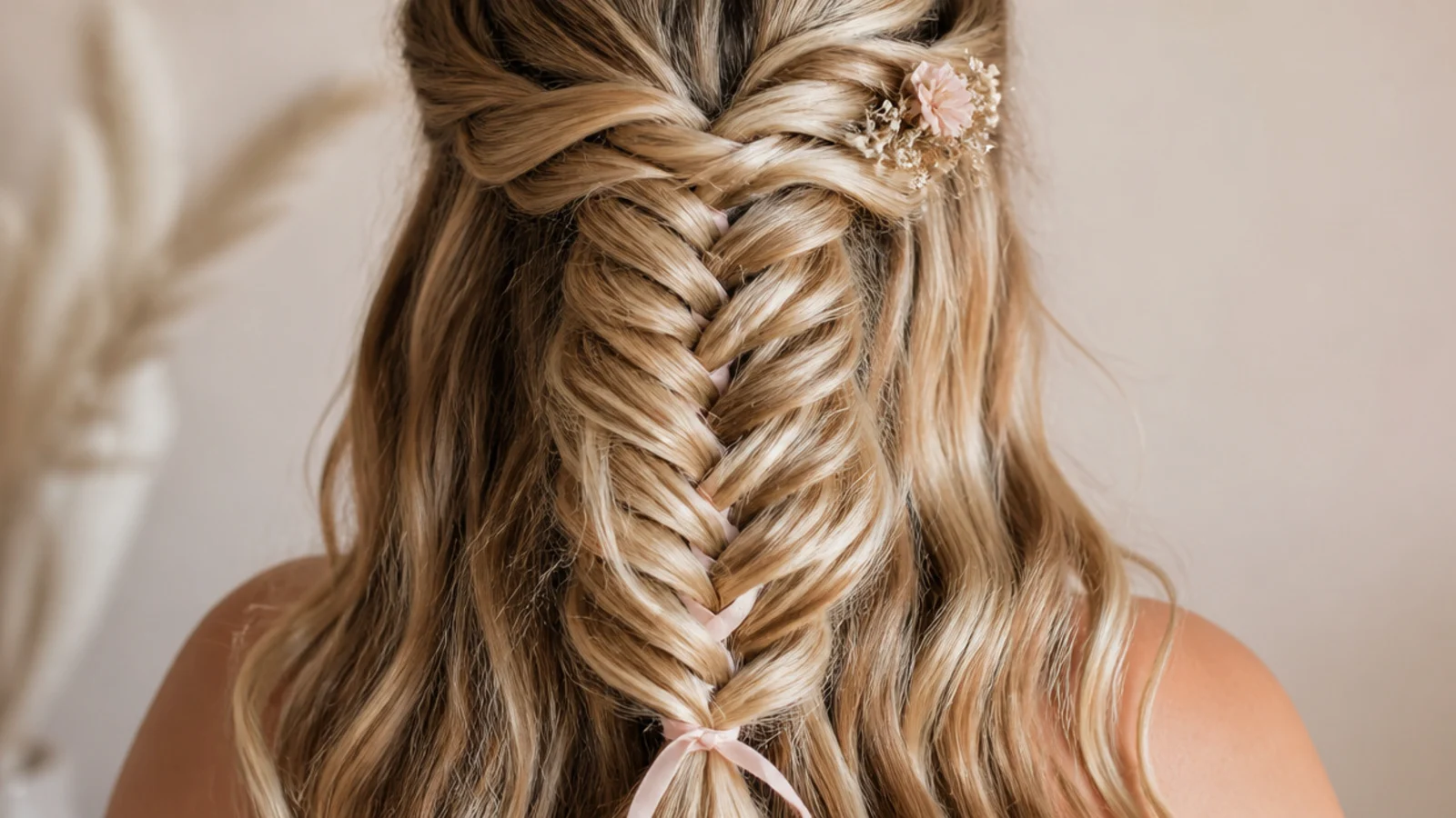 Boho half up mermaid braid with a thin silk ribbon woven through the fishtail crossovers