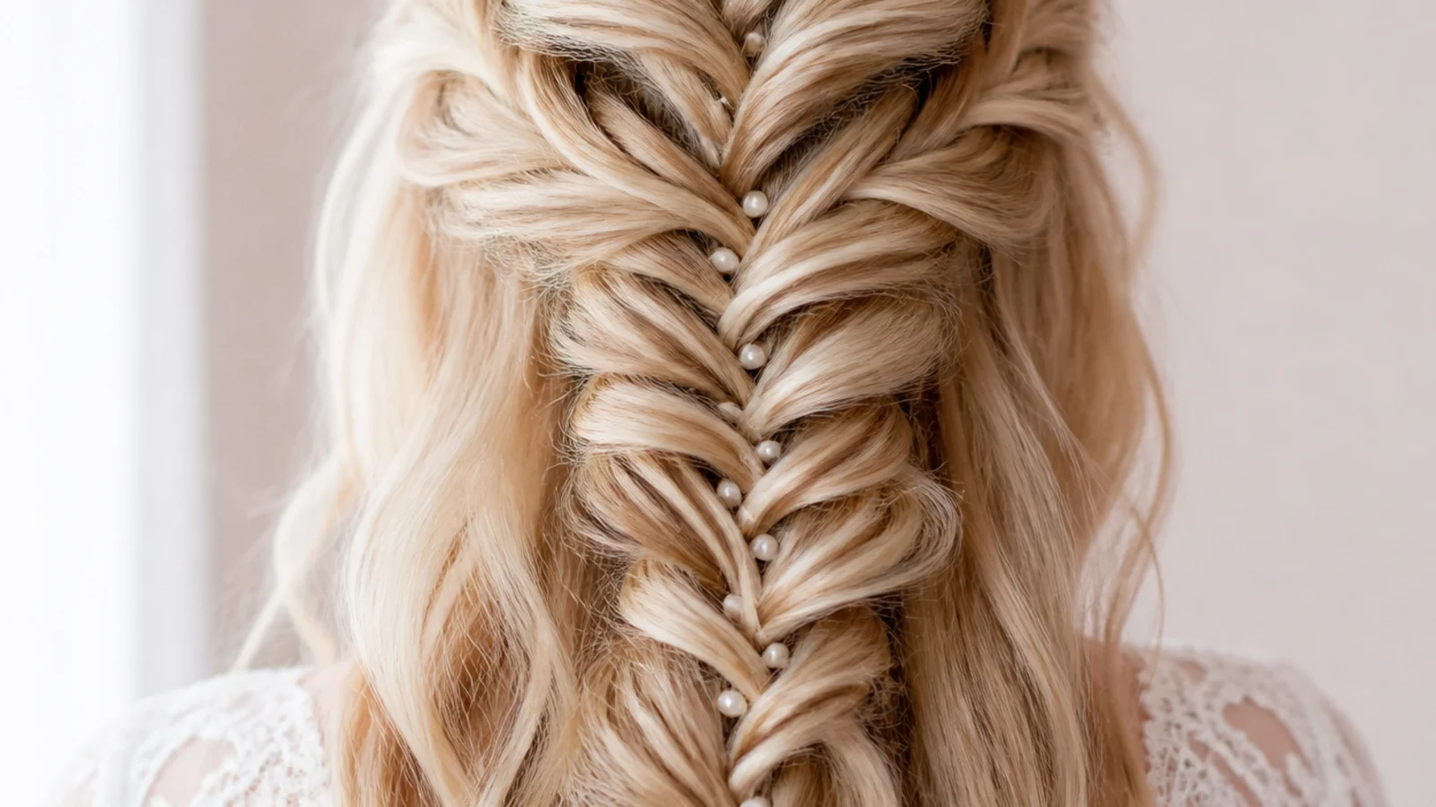 Bridal half up mermaid braid decorated with scattered pearl hair pins along the fanned crossovers