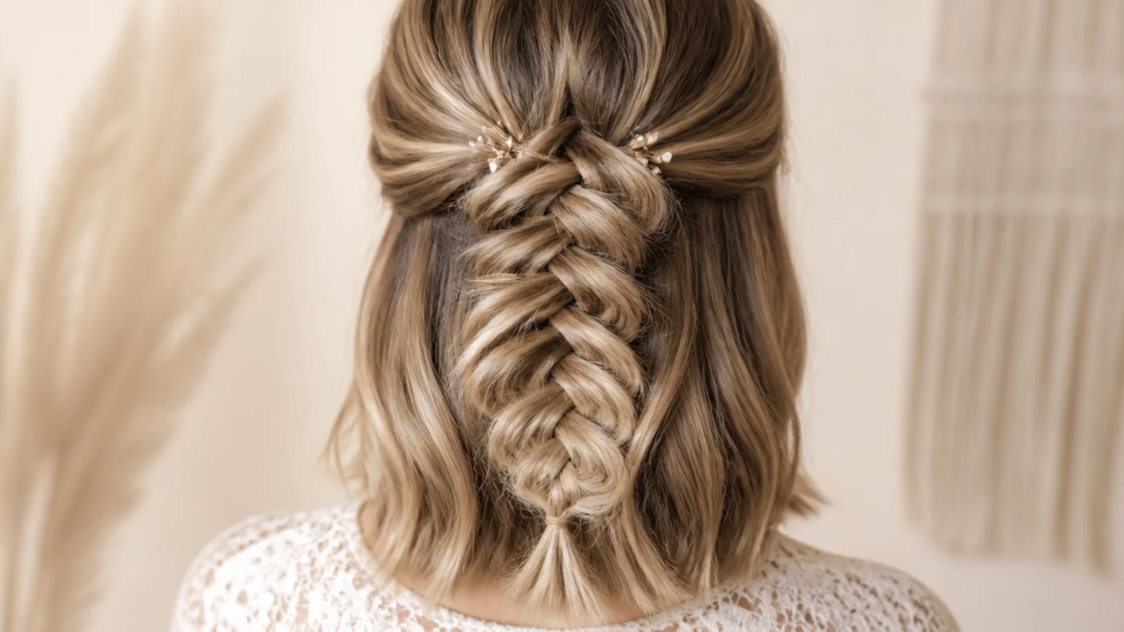 Half up mermaid braid on shoulder length hair with a short pancaked braid over a blunt lob