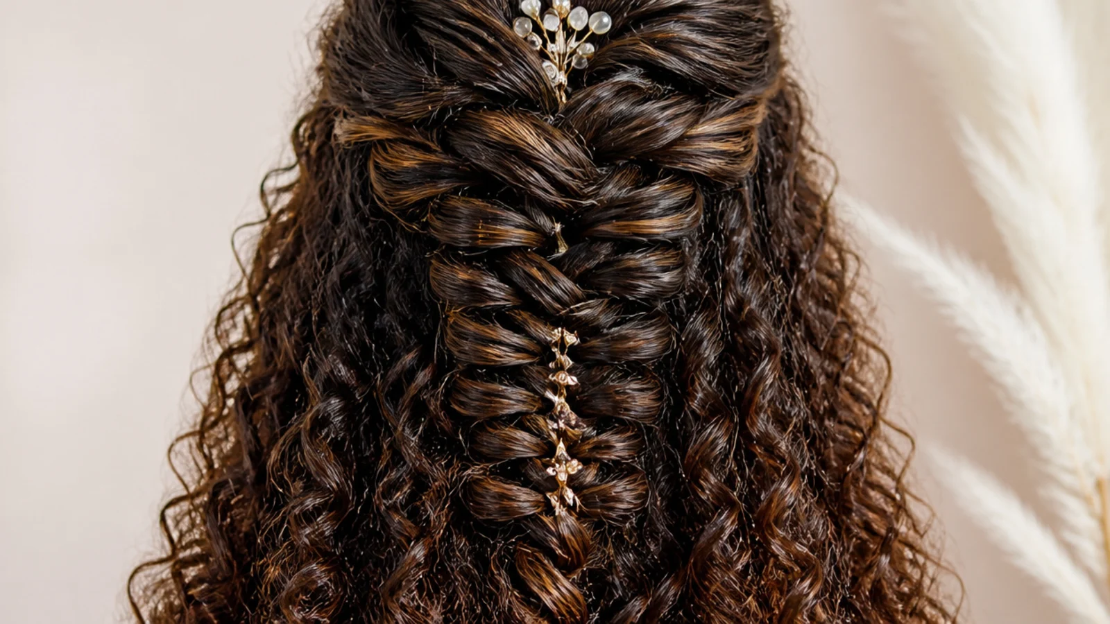 Half up mermaid braid on 3B curly hair with defined curls left loose below the braid