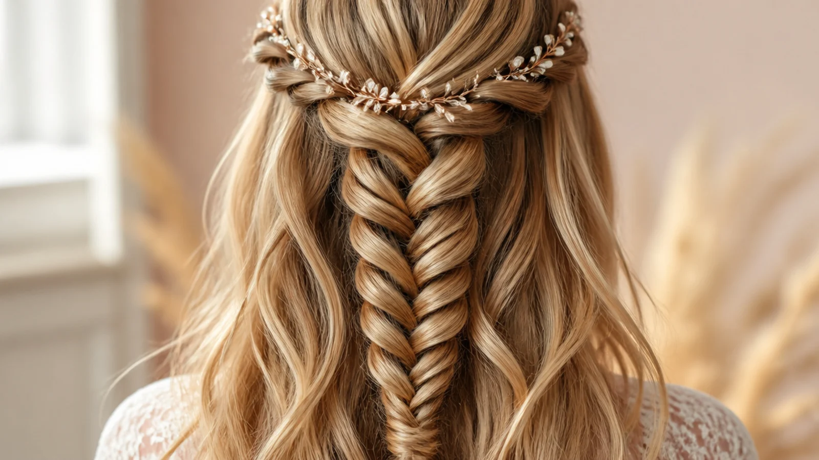 Half up mermaid crown braid wrapping across the top of the head like a halo over loose waves