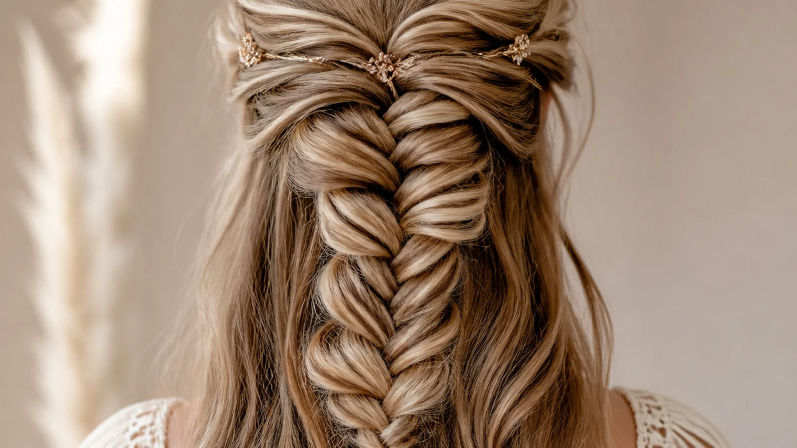 Half up mermaid braid built with clip in extensions adding length and width to a fine ponytail area