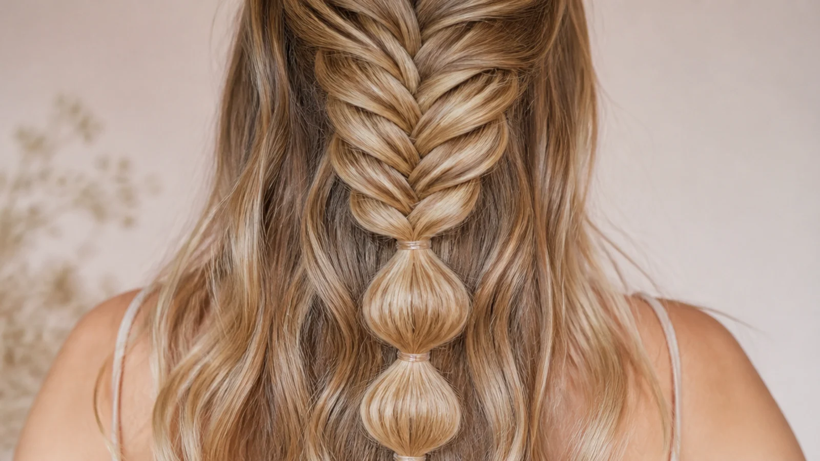 Half up mermaid braid finishing into three bubble segments tied with clear elastics