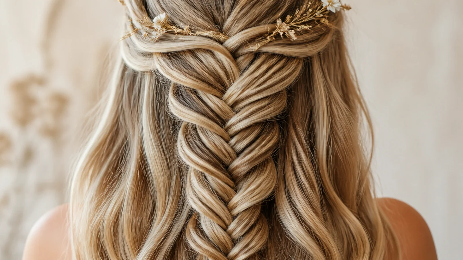 Half up mermaid braid on blonde balayage hair showing light and dark strands through the fanned crossovers