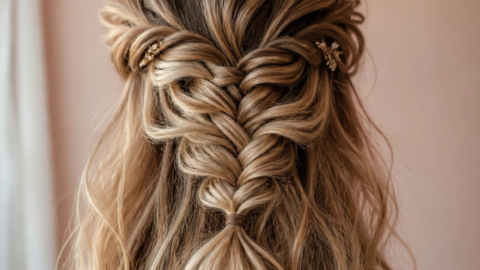 Messy half up mermaid braid on second day hair with loose strands escaping the pancaked crossovers