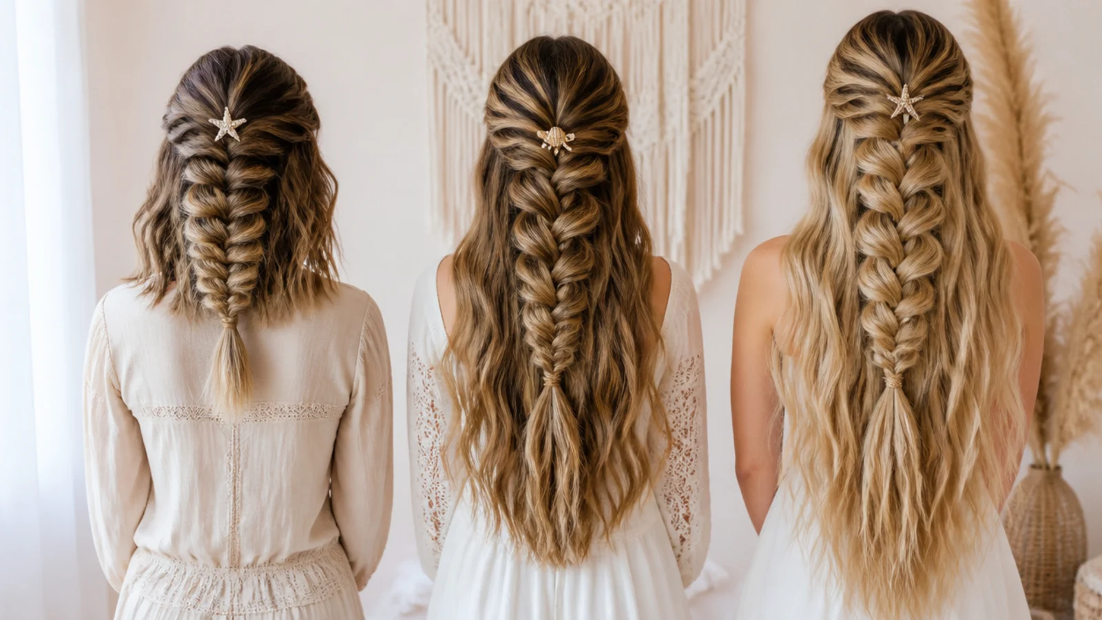 Three half up mermaid braids compared on shoulder length, mid back and waist length hair