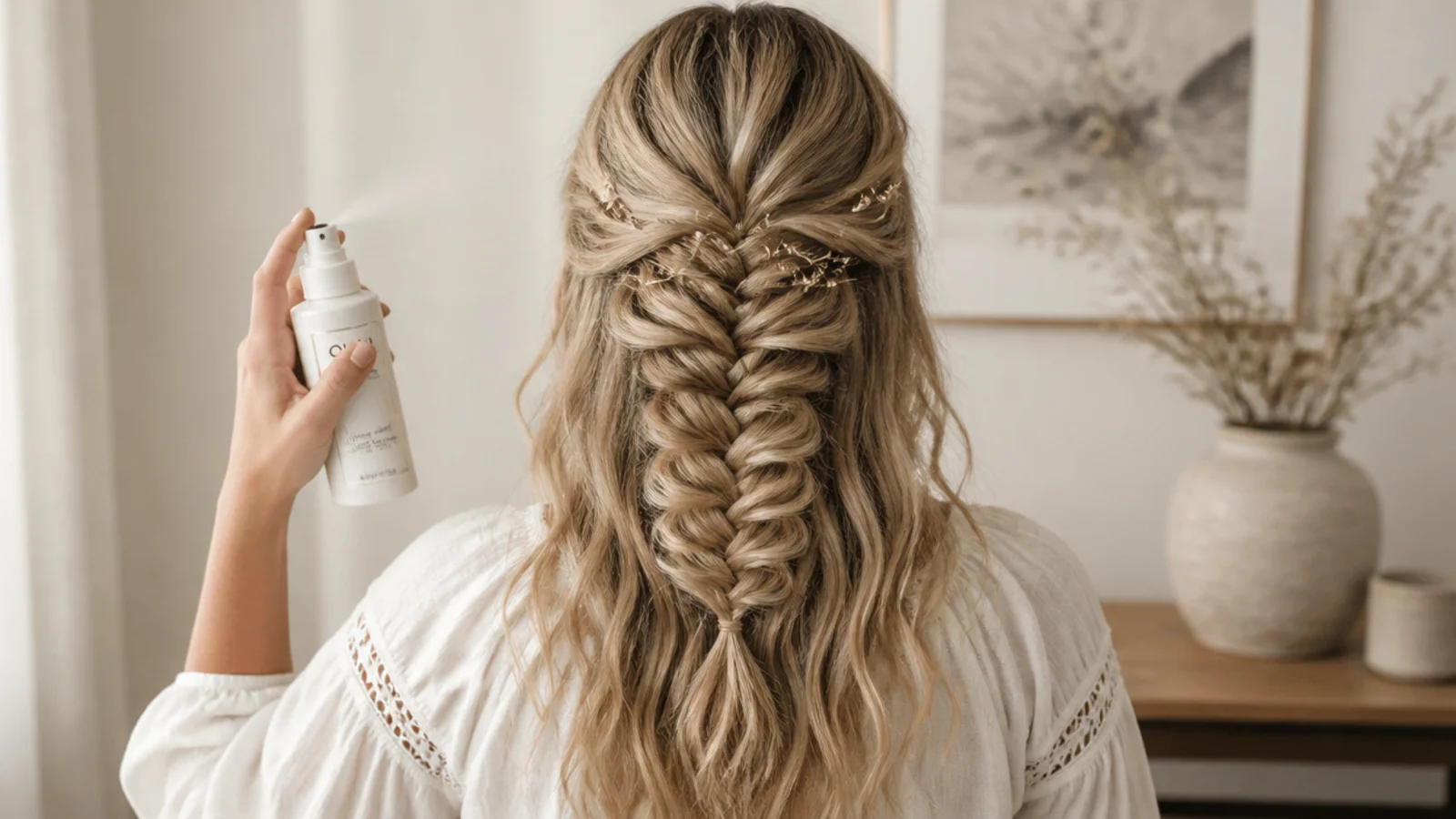 Texture spray applied to the top section before braiding a half up mermaid braid on fine hair