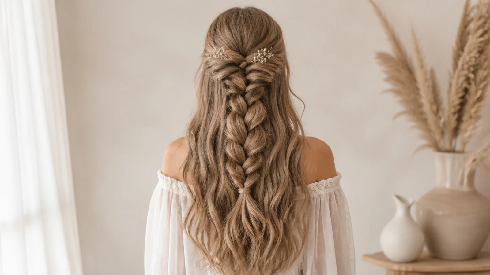 Half up mermaid braid pancaked wide at the back of the head over long loose waves