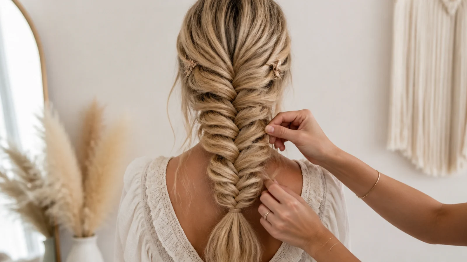 Fingers tugging the outer edge of a fishtail crossover to pancake a half up mermaid braid wider