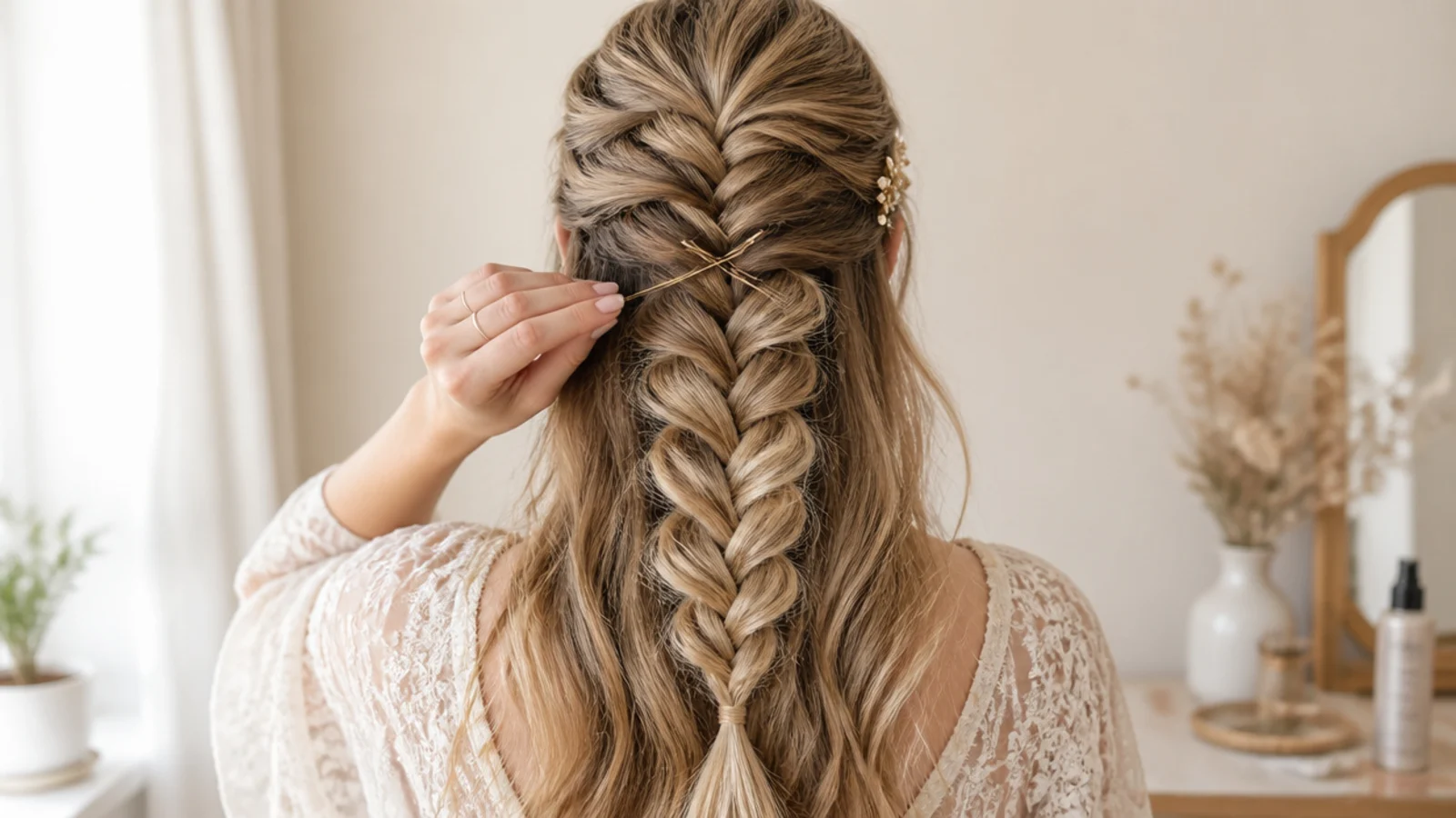 Two bobby pins crossed in an X under a half up mermaid braid to anchor it for a long event