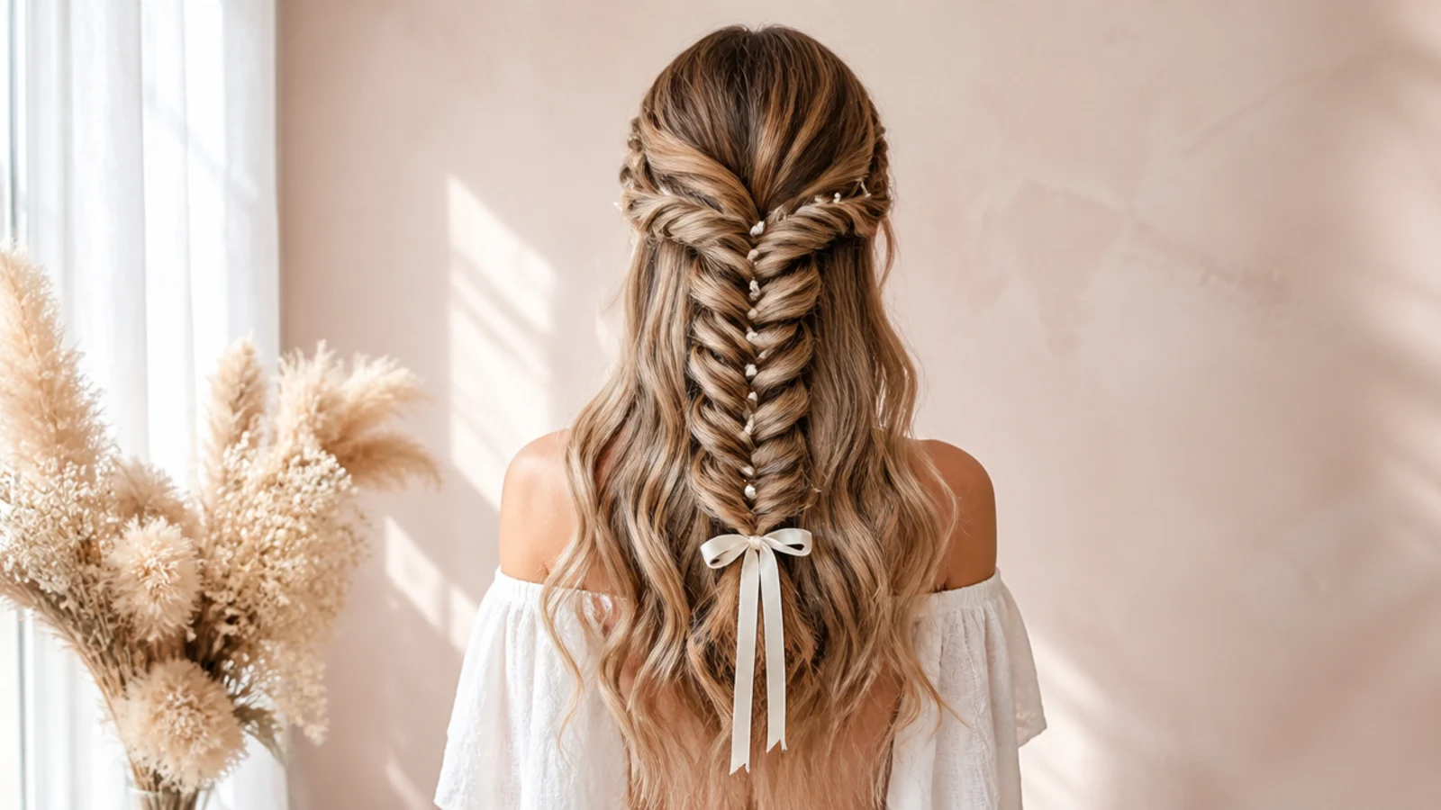 Half up mermaid braid finished with a silk ribbon and pearl pins over loose beach waves