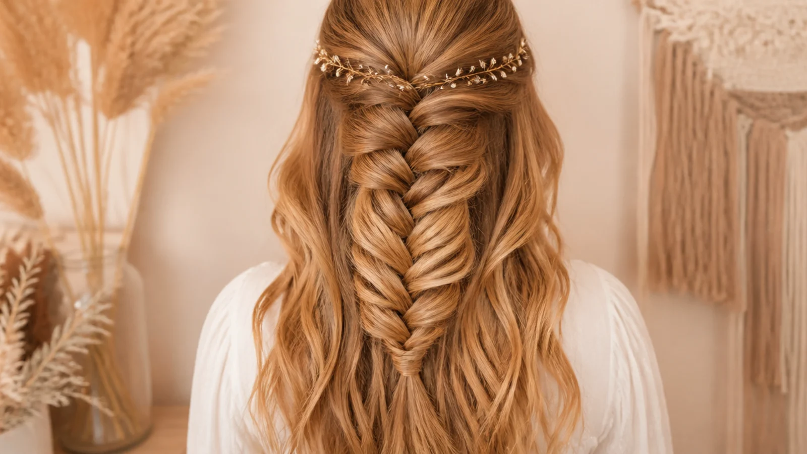 Close up of a half up mermaid braid showing fishtail crossovers pancaked wide to fan like a tail