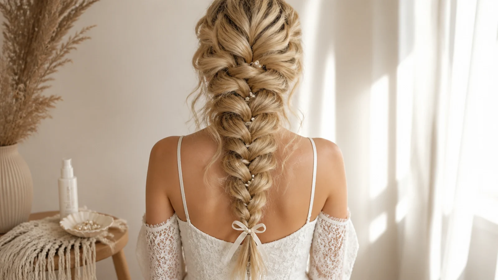 A boho mermaid braid finished with pearl pins, a thin ribbon and face-framing waves