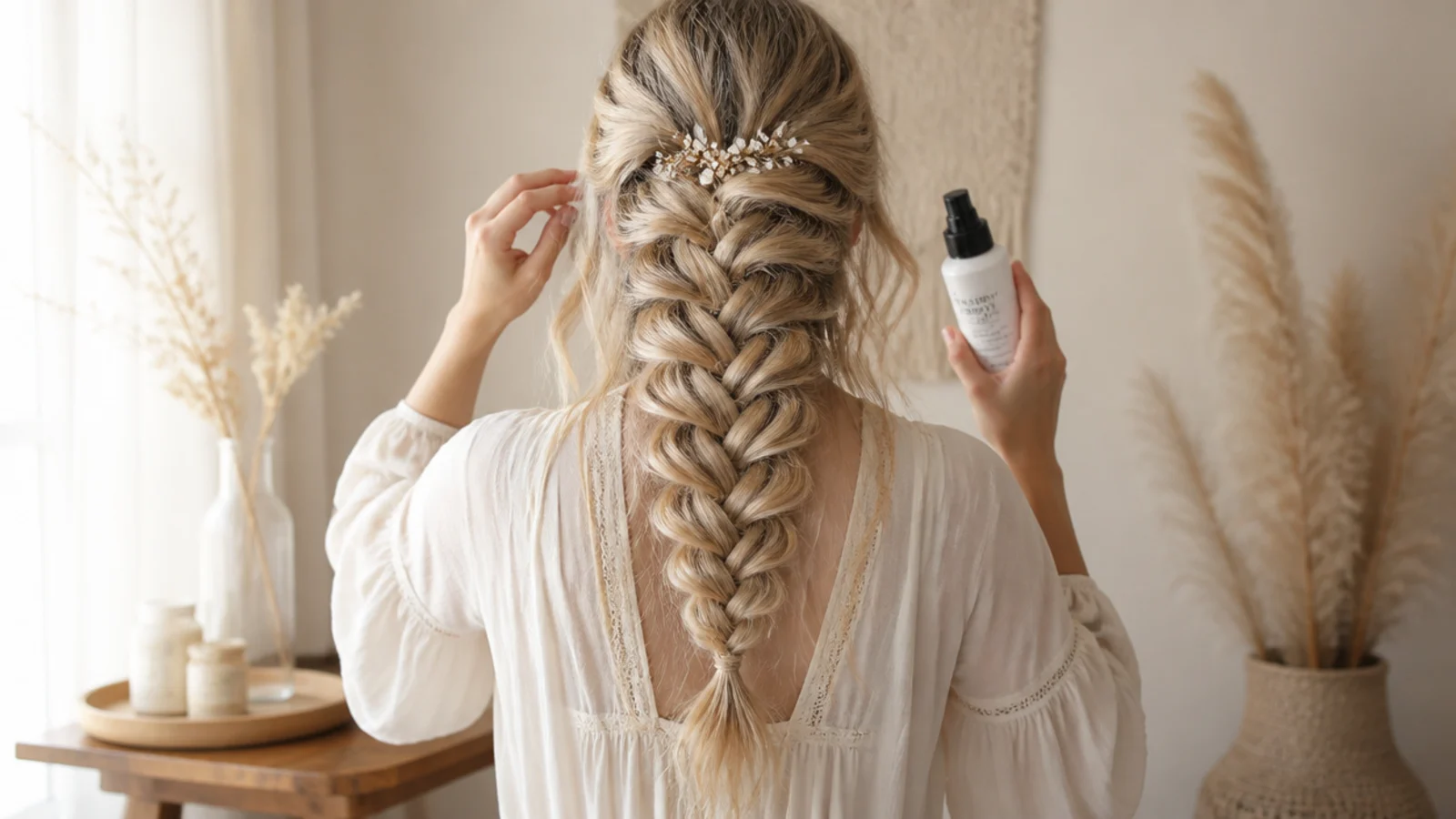 Fine slippery hair prepped with texture spray and waves before a mermaid braid