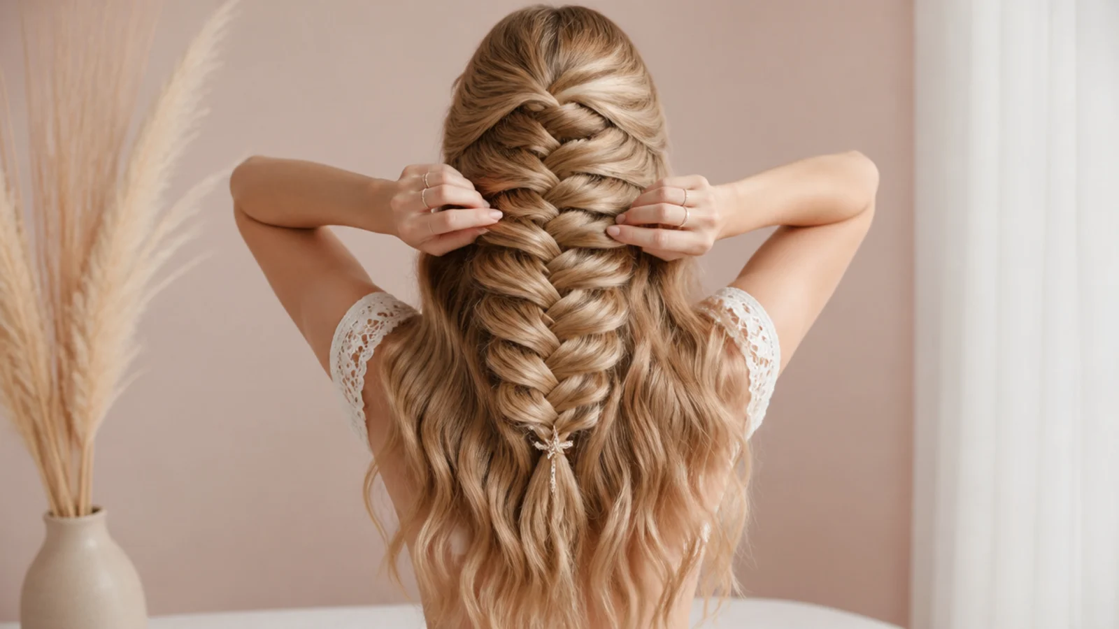 Hands pancaking a mermaid braid wide down long wavy hair so it fans like a tail