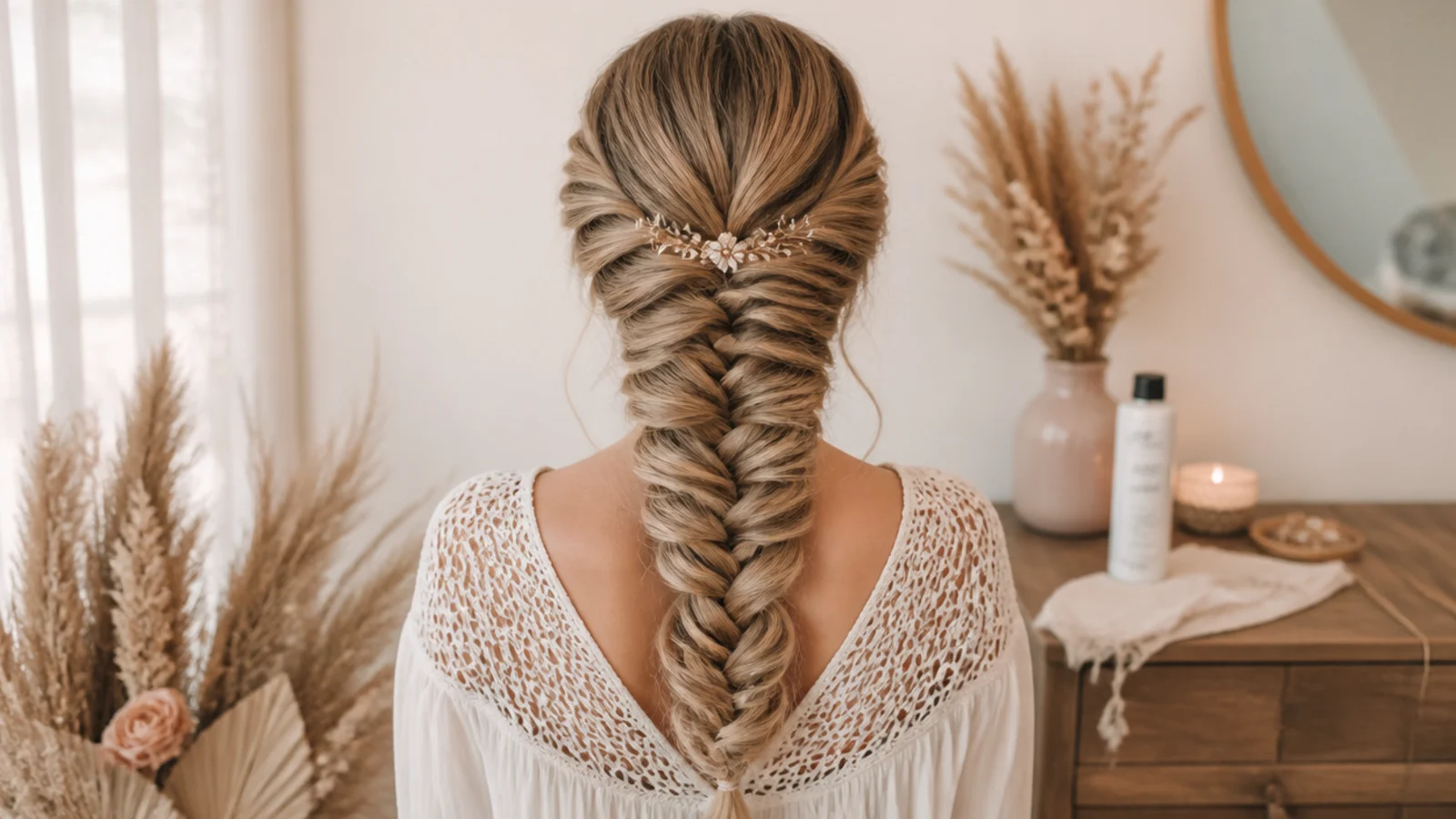A mermaid braid pinned flat and set with hairspray to hold through a long event