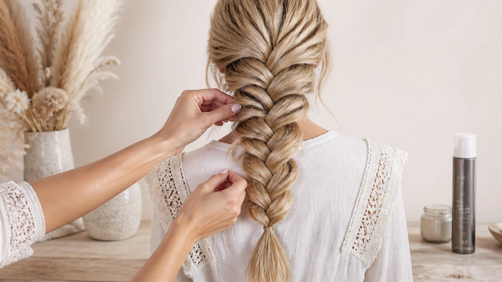 Close up of fingers pancaking the outer edge of each crossover in a mermaid braid