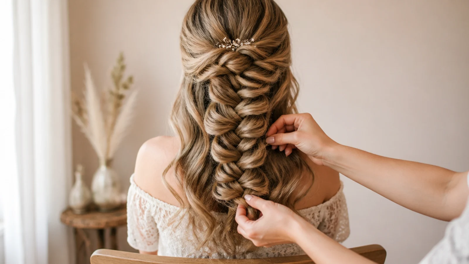 Loose waves curled with a 1.25 inch wand before braiding a mermaid braid