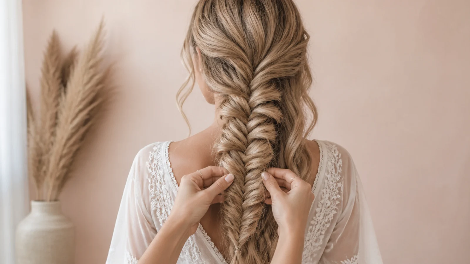 Deep side part with waved hair swept over one shoulder ready for a mermaid braid