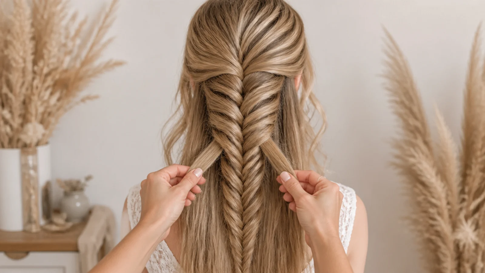 Hair divided into two equal halves to begin the fishtail base of a mermaid braid