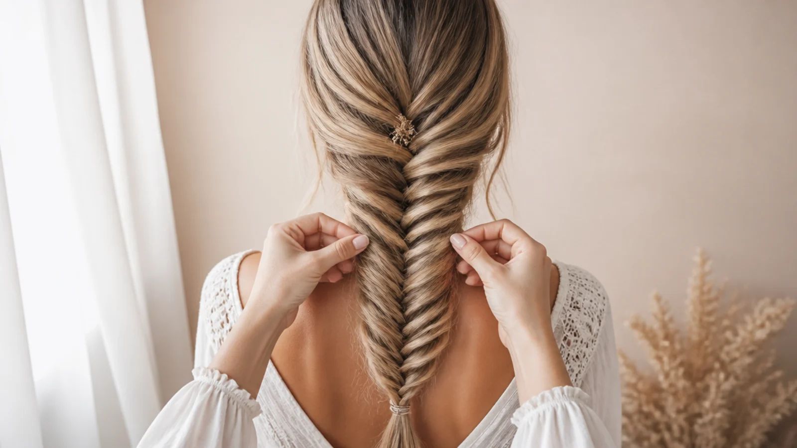 A quarter inch piece crossing from the outer edge of one half to the other in a fishtail