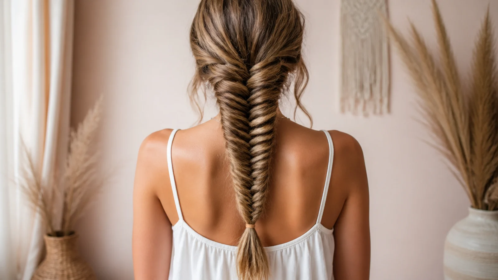 A finished loose fishtail braid secured with a small clear elastic near the ends