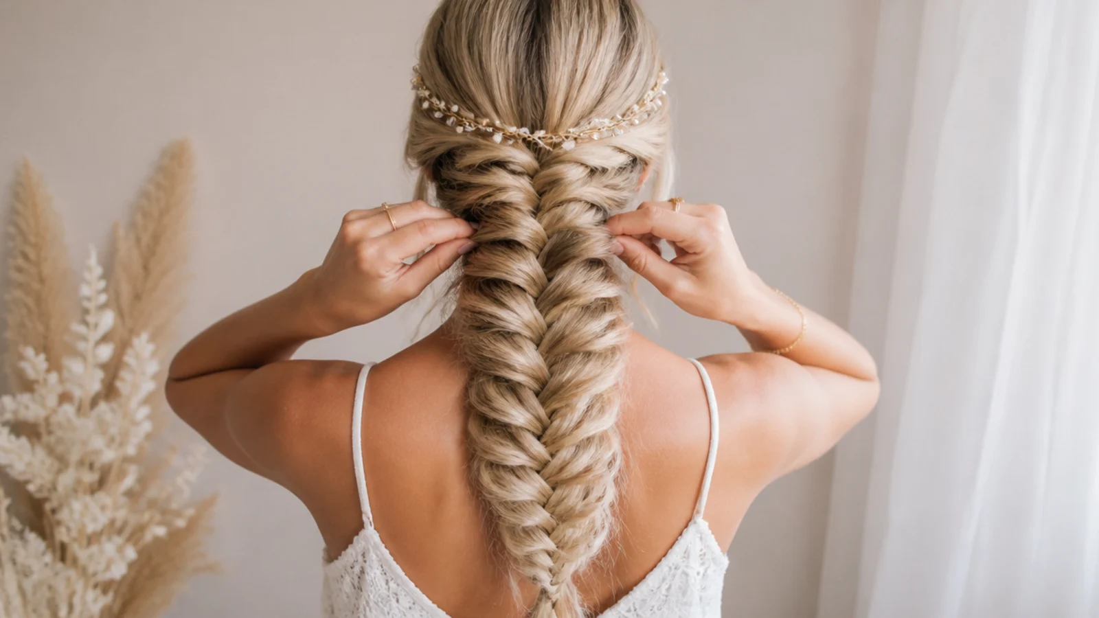 Fingers tugging the outer edge of a fishtail crossover to pancake a mermaid braid wide