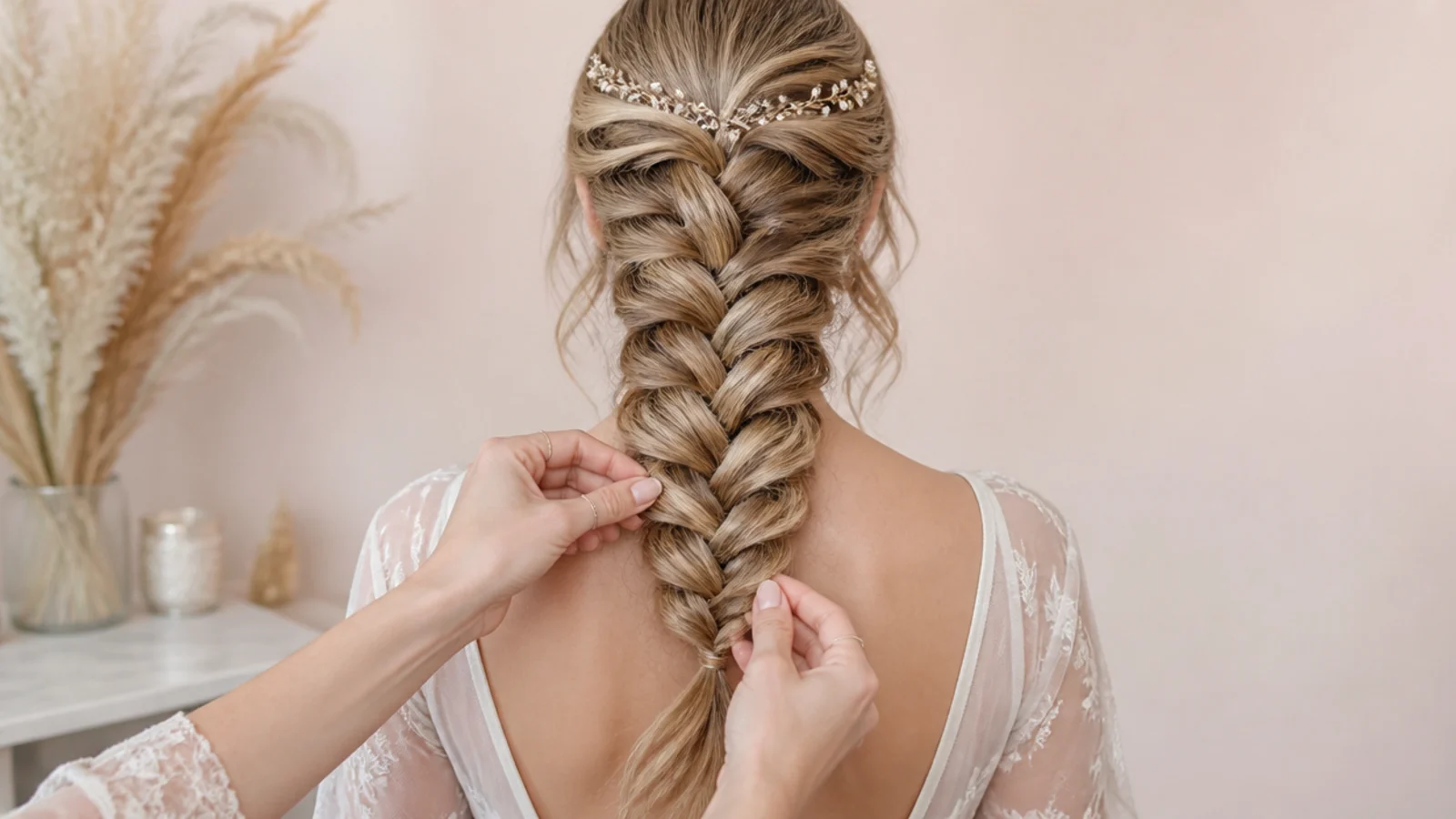 Face-framing tendrils pulled loose and flexible hold hairspray set on a mermaid braid