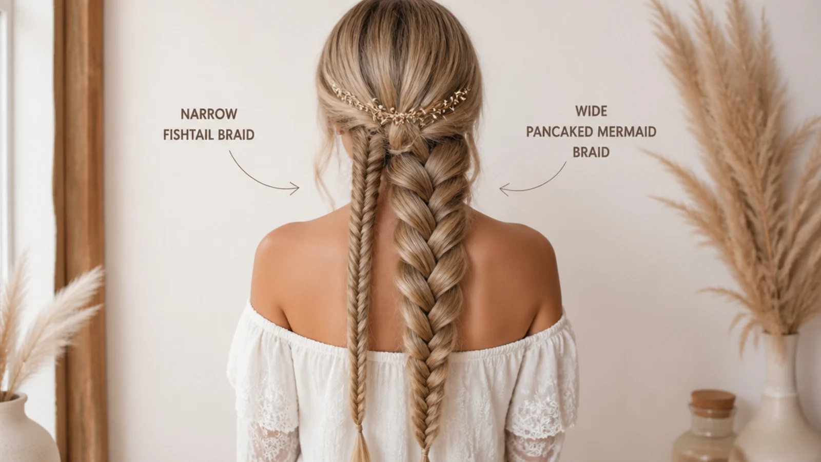 A narrow fishtail braid beside a wide pancaked mermaid braid for comparison