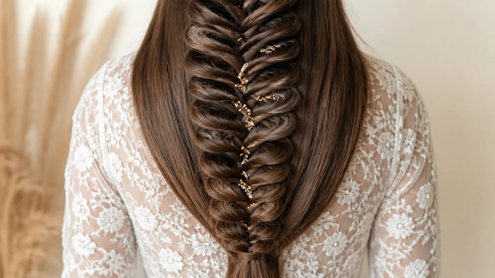 Waist length mermaid braid on straight brown hair pancaked to about five inches wide