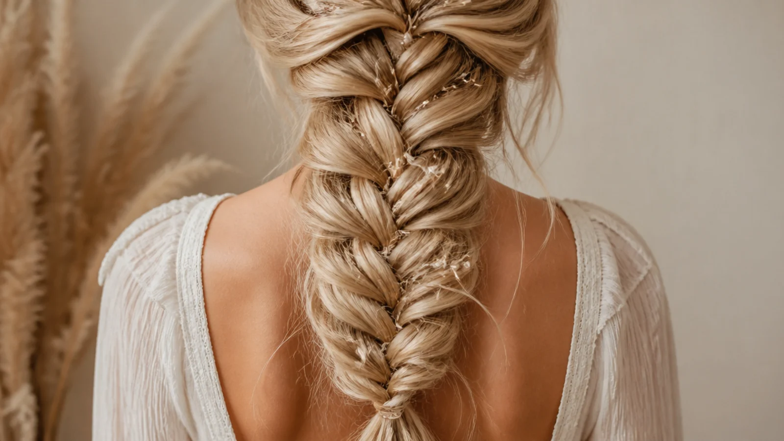 Mid back mermaid braid on fine blonde hair pancaked wide to look thicker