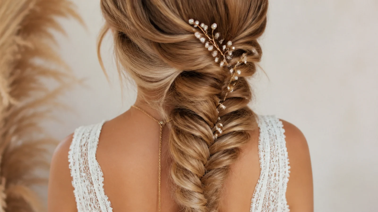 Long side mermaid braid swept over one shoulder from a deep side part