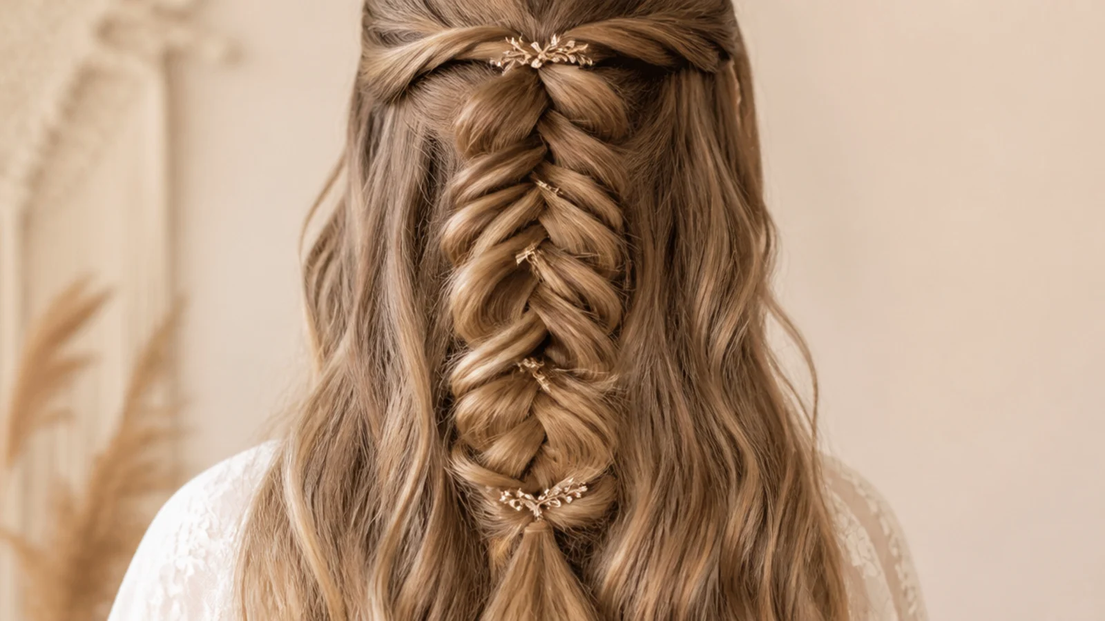 Long half up mermaid braid down the center with loose waves hanging underneath