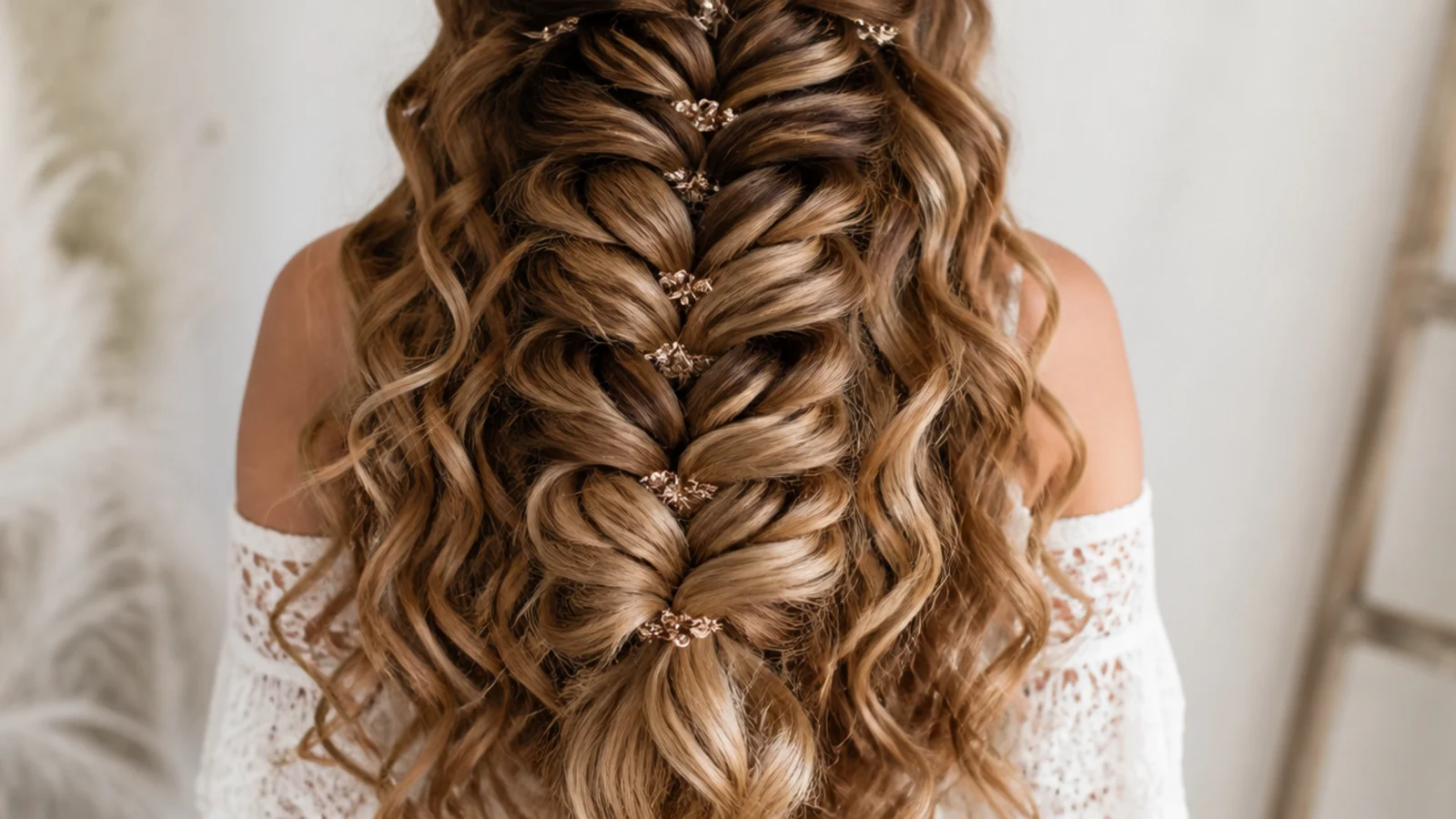 Waist length mermaid braid on thick curly hair stretched and fanned into a wide plait