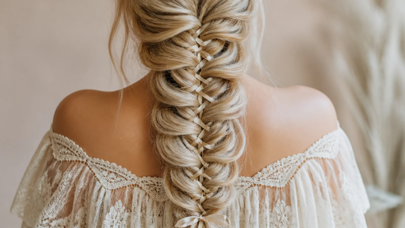 Long mermaid braid with a narrow silk ribbon woven through the crossovers to the ends