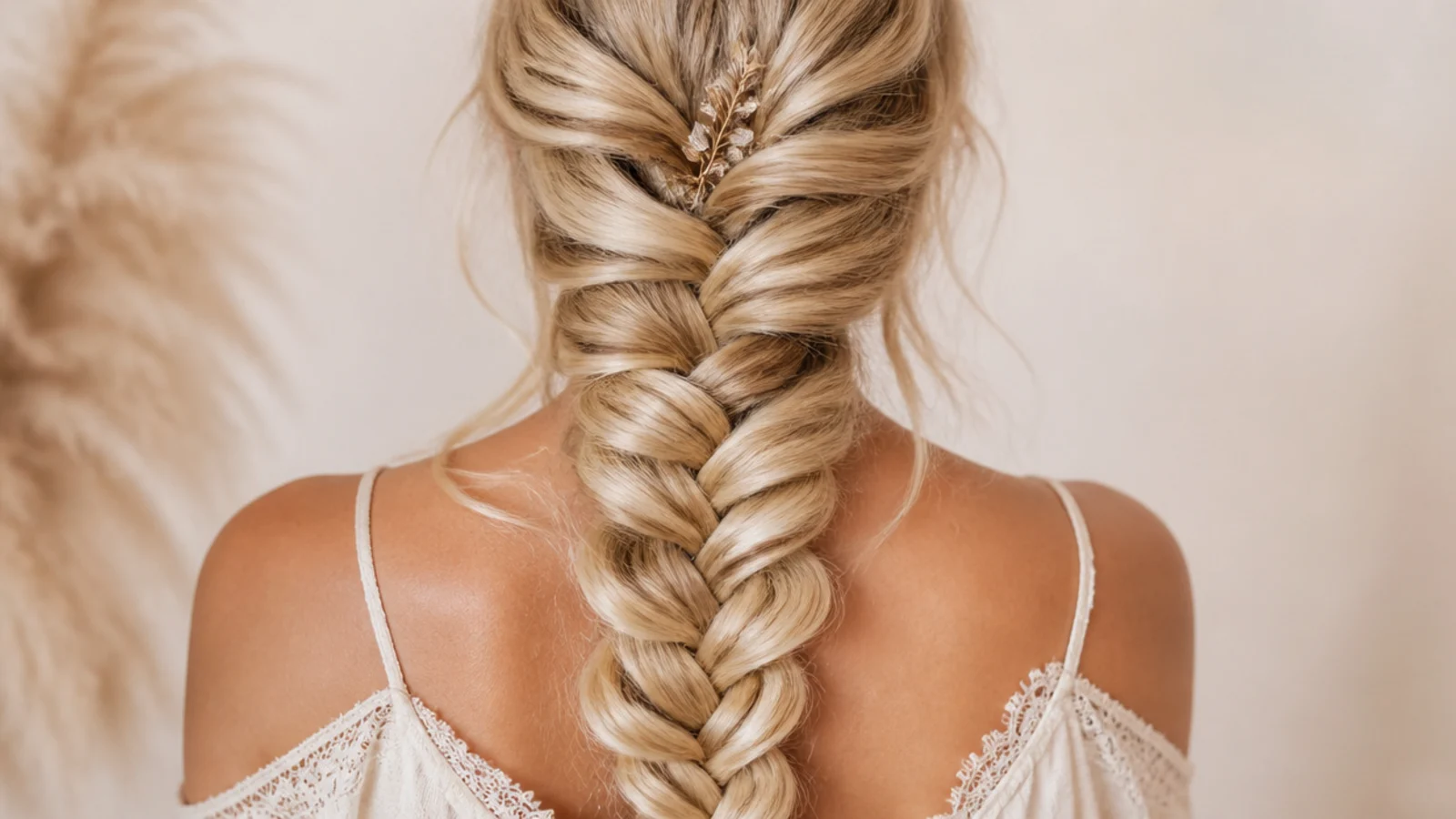 Long blonde mermaid braid with a darker shadow root giving depth through the weave