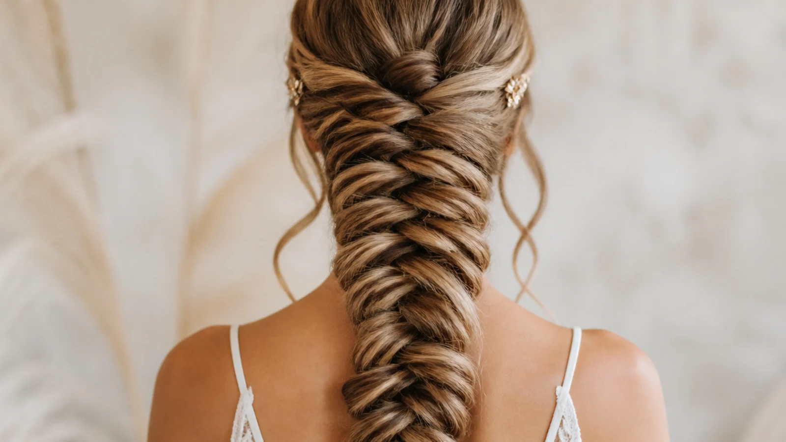 Long mermaid braid with two curled face framing tendrils pulled loose at the temples