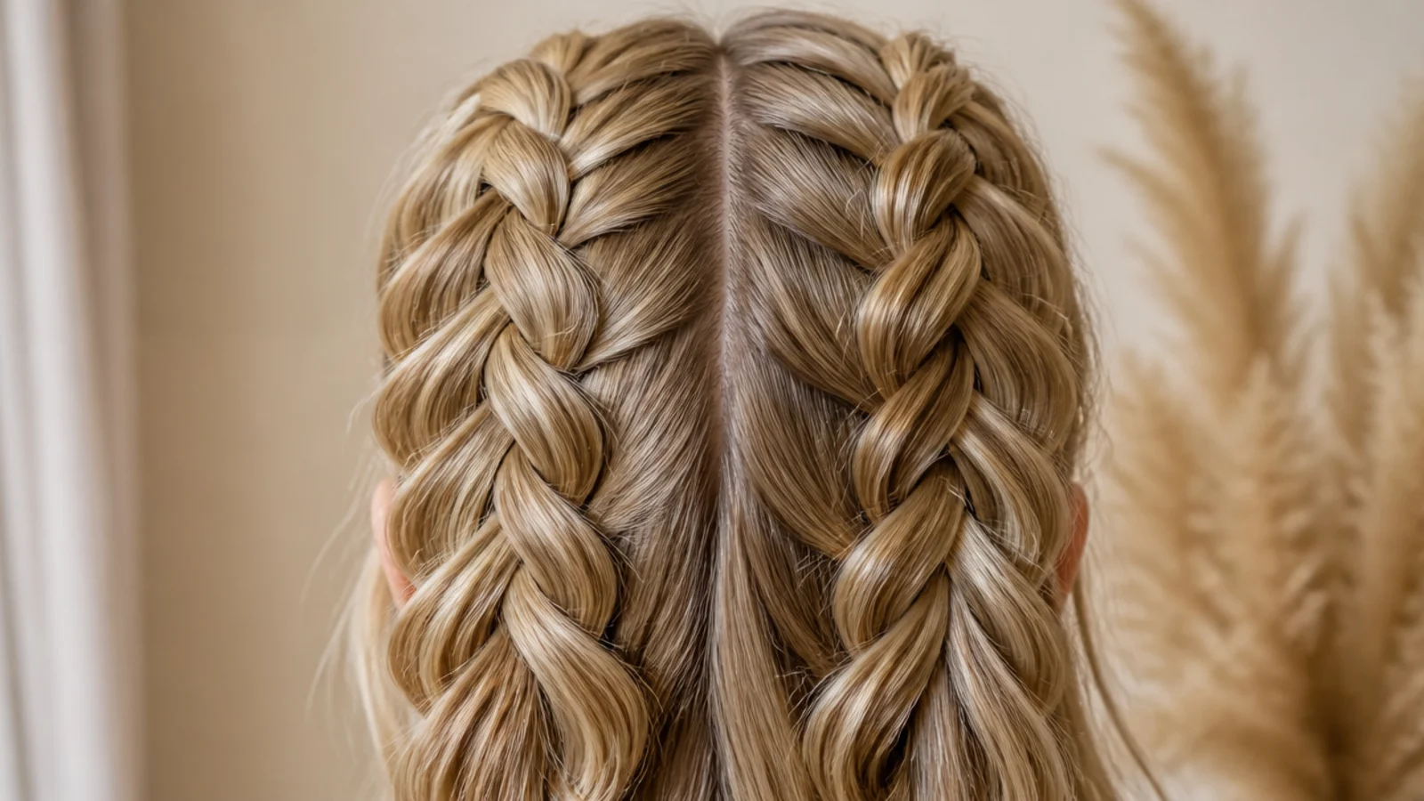 Two long mermaid braids on either side of a center part both pancaked wide