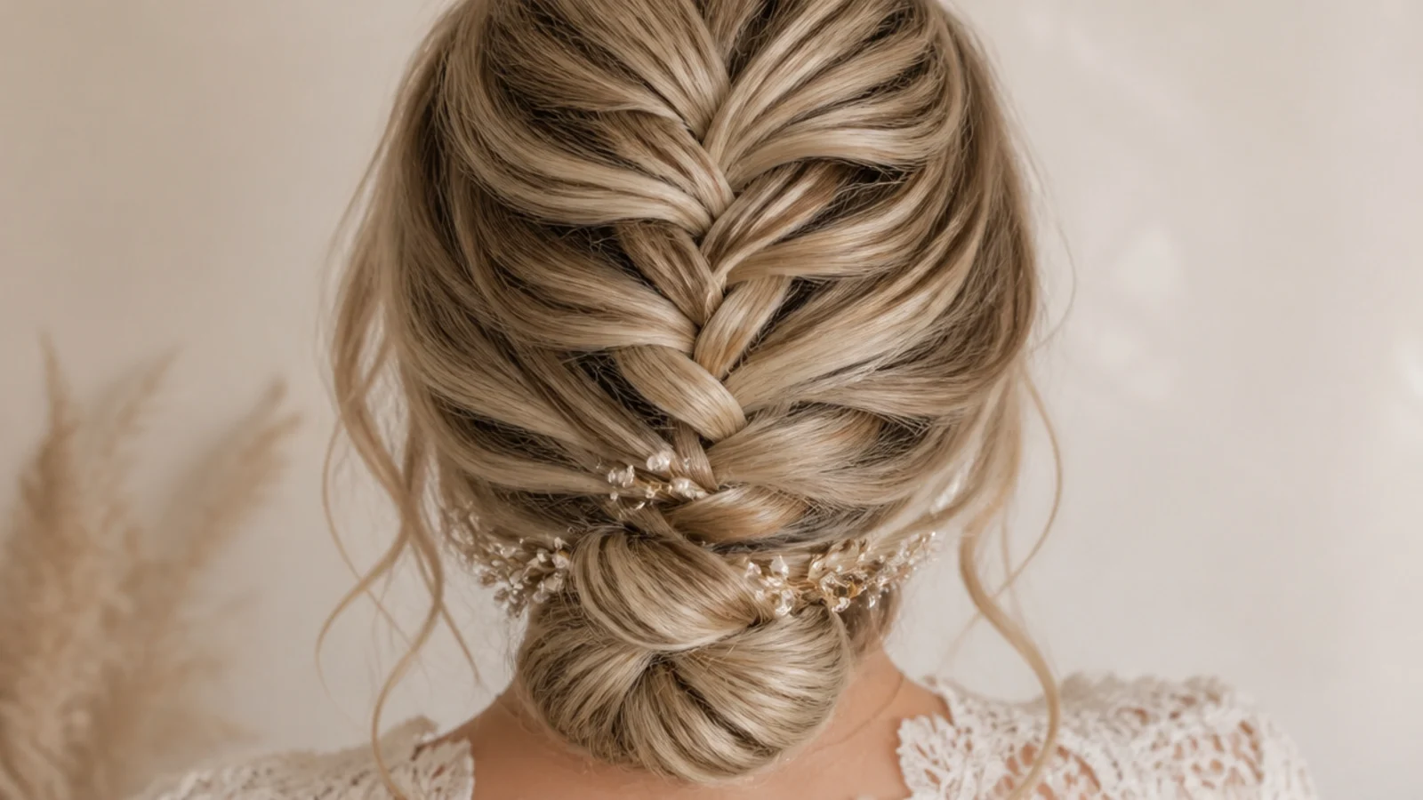Long mermaid braid coiled into a soft low bun at the nape with tendrils left out