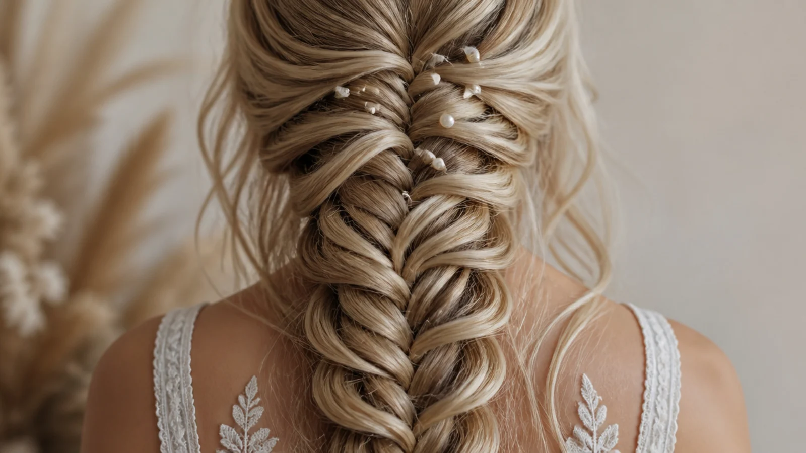 Long mermaid braid decorated with scattered pearl headed bobby pins in the upper crossovers