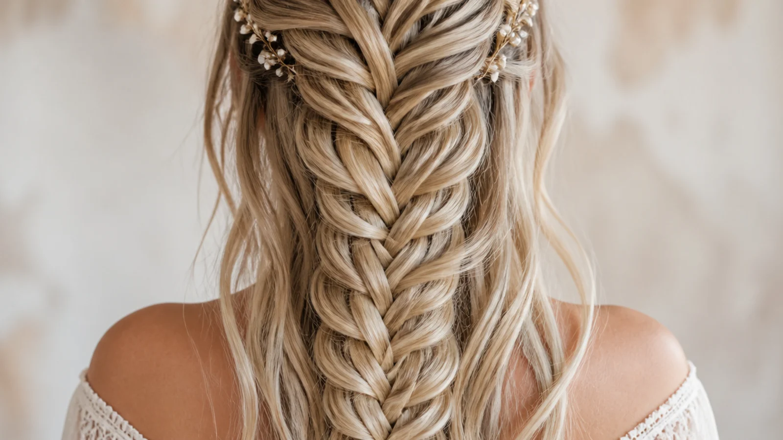 Long waterfall mermaid braid with dropped strands collected into a fanned braid at the back