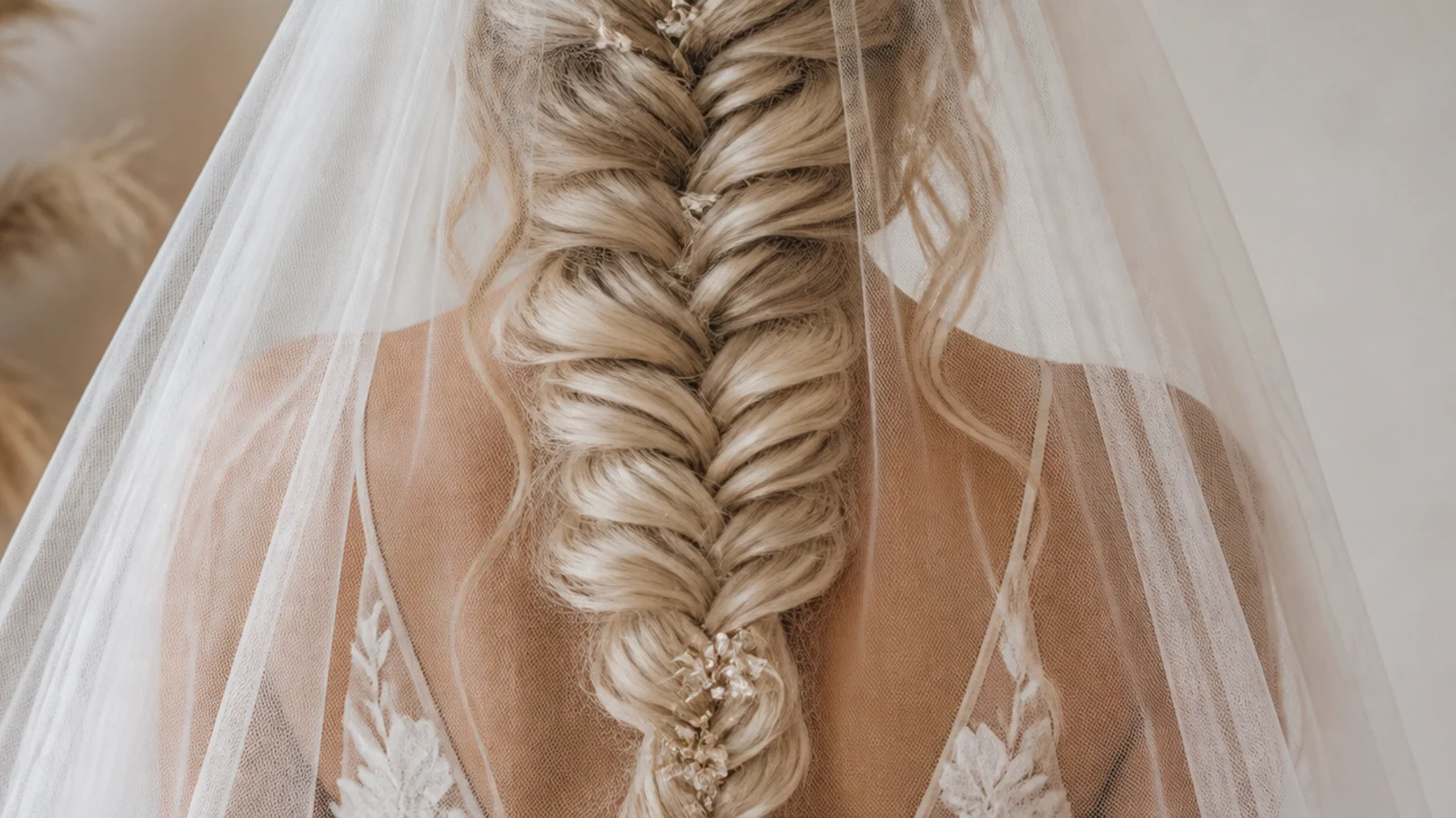 Long bridal mermaid braid worn under a cathedral veil with the fan visible through the tulle