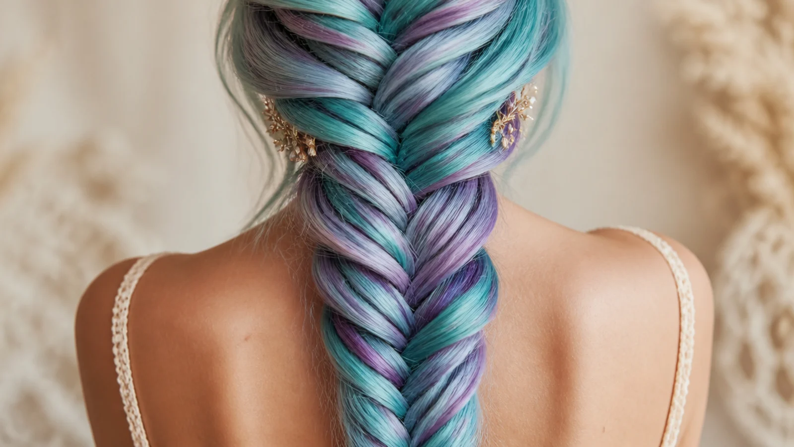 Long mermaid braid in pastel turquoise and lilac showing color layers through the weave