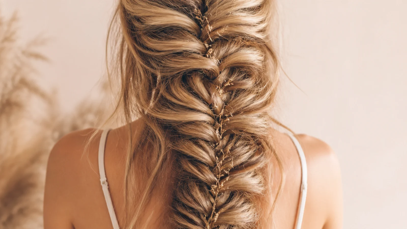 Long messy mermaid braid on unwashed day two hair with a soft undone fanned finish
