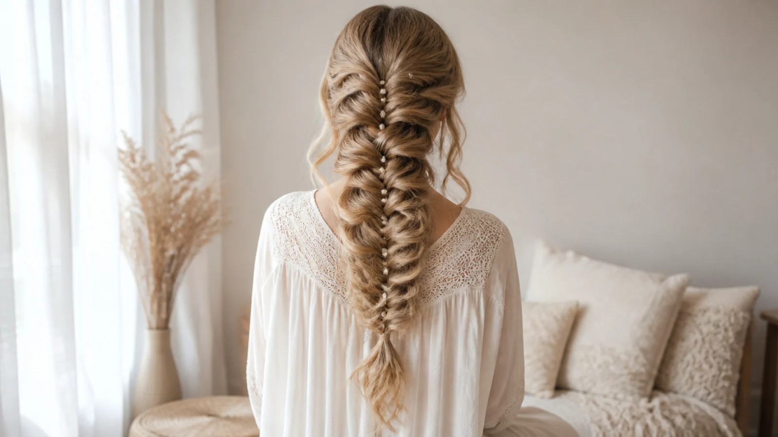 Long boho mermaid braid with pearl pins and loose face framing waves left out
